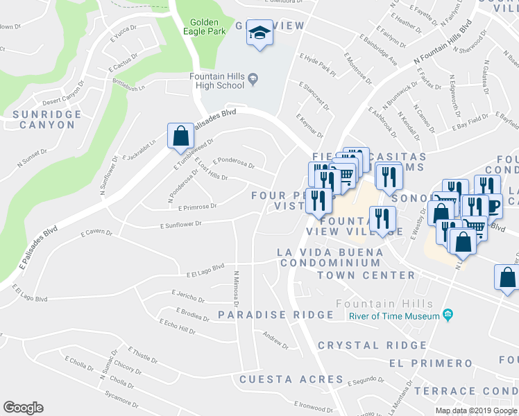 map of restaurants, bars, coffee shops, grocery stores, and more near 13442 North Mountainside Drive in Fountain Hills