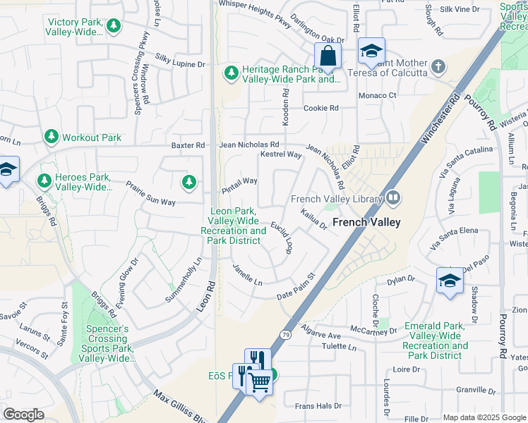 map of restaurants, bars, coffee shops, grocery stores, and more near 31167 Peregrine Way in Winchester