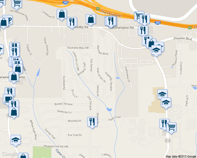 map of restaurants, bars, coffee shops, grocery stores, and more near 5295 Joan of Arc Place in Atlanta