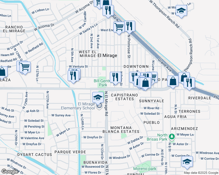 map of restaurants, bars, coffee shops, grocery stores, and more near 12232 West Thunderbird Road in El Mirage