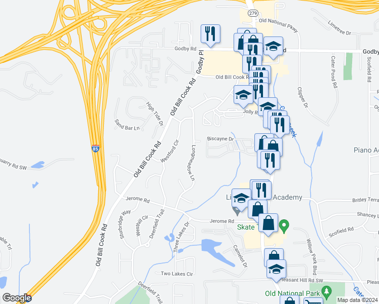 map of restaurants, bars, coffee shops, grocery stores, and more near 5375 Longmeadow Lane Southwest in College Park