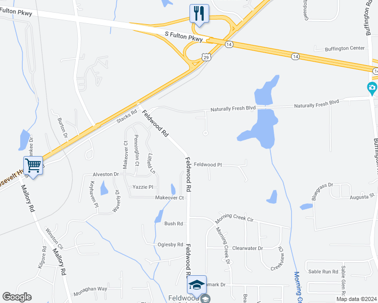 map of restaurants, bars, coffee shops, grocery stores, and more near 5370 Feldwood Road in College Park