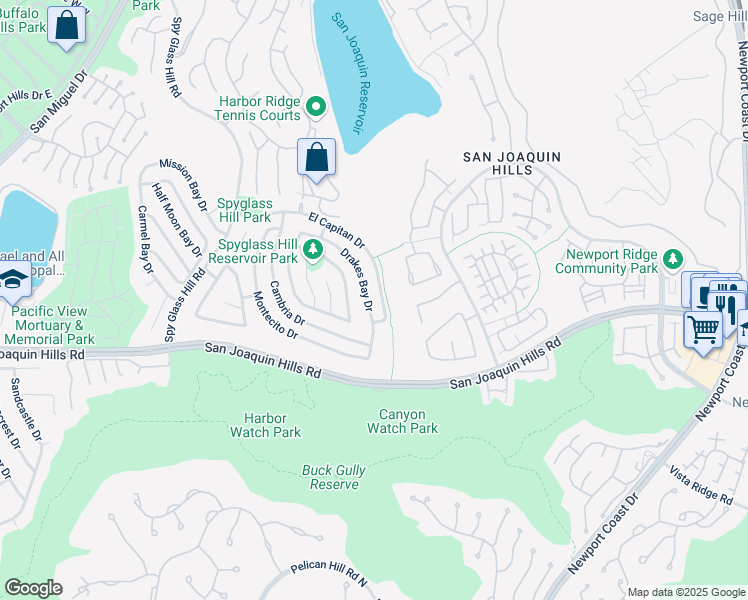 map of restaurants, bars, coffee shops, grocery stores, and more near 26 Drakes Bay Drive in Newport Beach