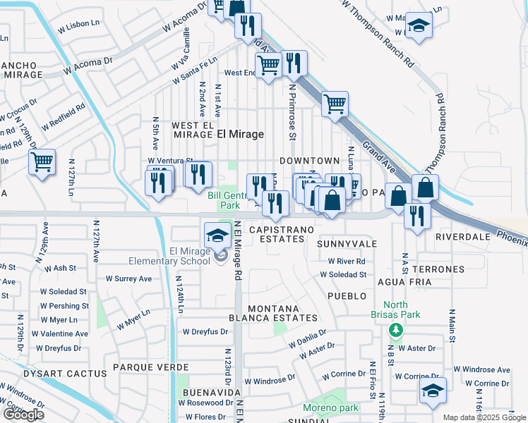map of restaurants, bars, coffee shops, grocery stores, and more near 12206 West Thunderbird Road in El Mirage