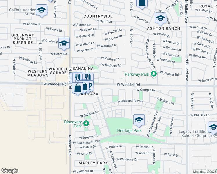 map of restaurants, bars, coffee shops, grocery stores, and more near 15208 West Georgia Drive in Surprise
