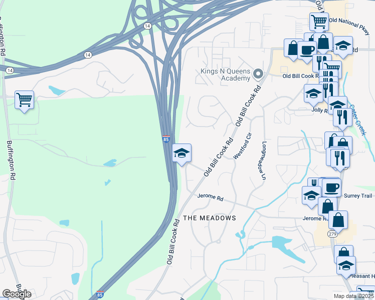 map of restaurants, bars, coffee shops, grocery stores, and more near 5348 Jerome Road in College Park