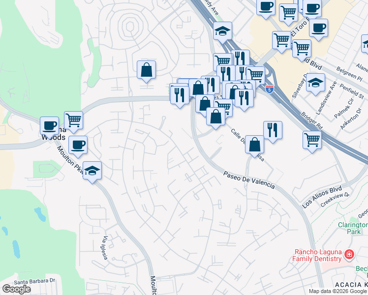 map of restaurants, bars, coffee shops, grocery stores, and more near 969 Calle Aragon in Laguna Woods