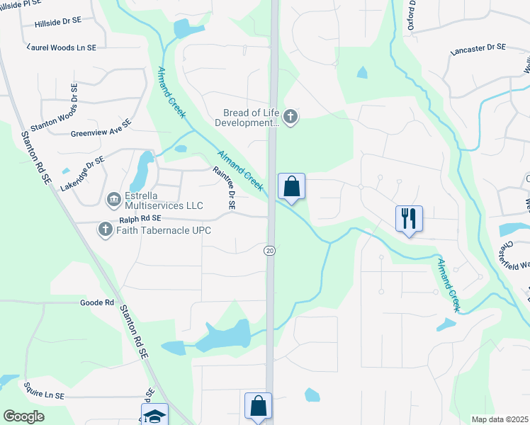map of restaurants, bars, coffee shops, grocery stores, and more near 940 Ralph Road Southeast in Conyers