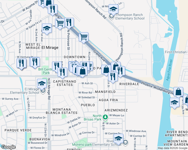 map of restaurants, bars, coffee shops, grocery stores, and more near 11916 West Thunderbird Road in El Mirage