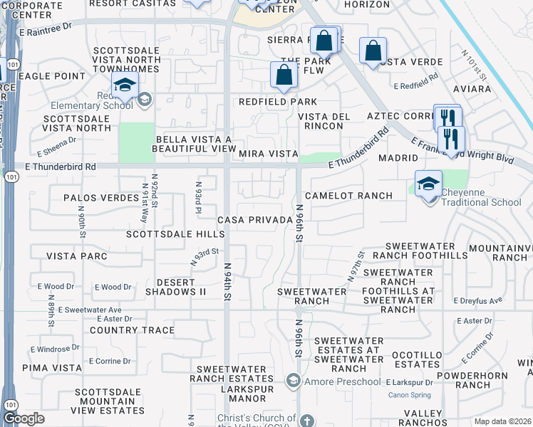 map of restaurants, bars, coffee shops, grocery stores, and more near 9516 East Voltaire Drive in Scottsdale