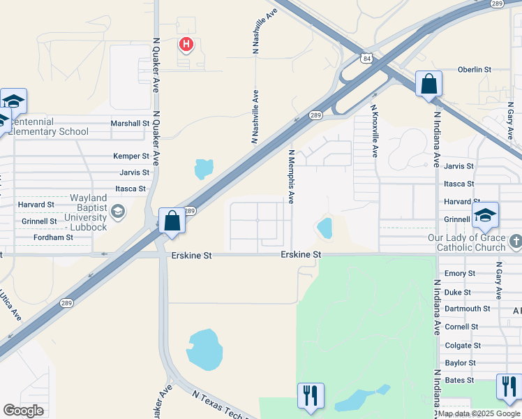 map of restaurants, bars, coffee shops, grocery stores, and more near 3716 Erskine Street in Lubbock