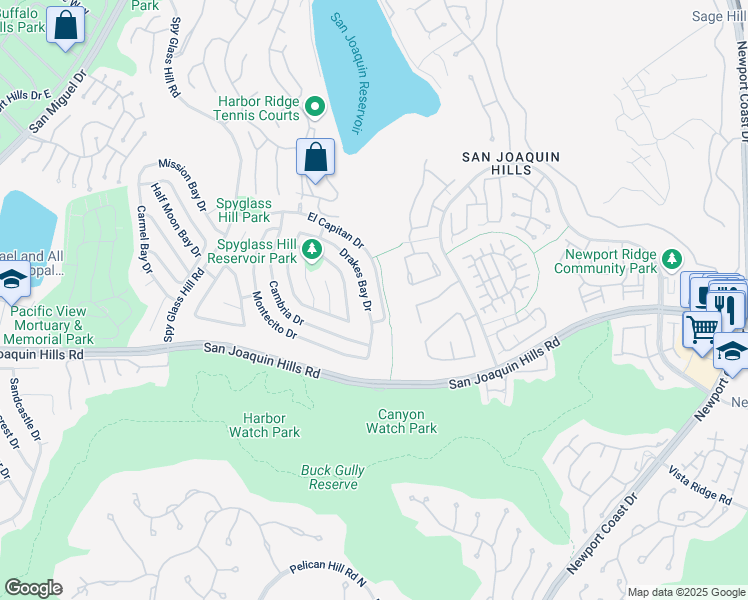 map of restaurants, bars, coffee shops, grocery stores, and more near 26 Drakes Bay Drive in Newport Beach