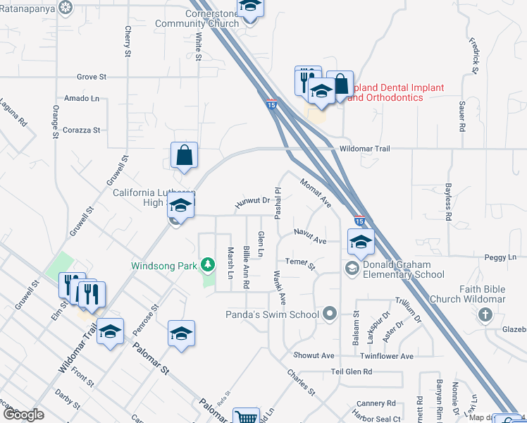 map of restaurants, bars, coffee shops, grocery stores, and more near 22704 Cervera Road in Wildomar