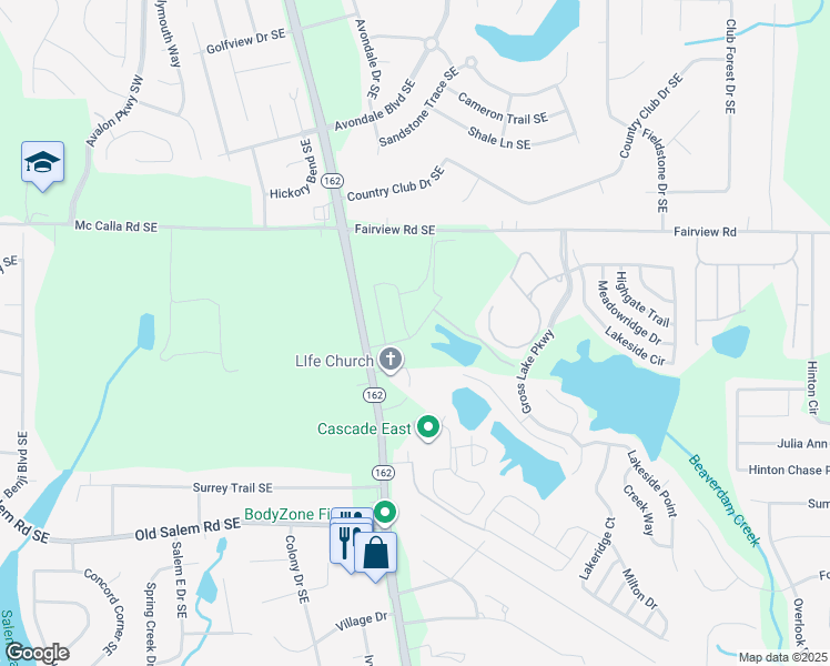 map of restaurants, bars, coffee shops, grocery stores, and more near Veterans Ind Drive in Rockdale County