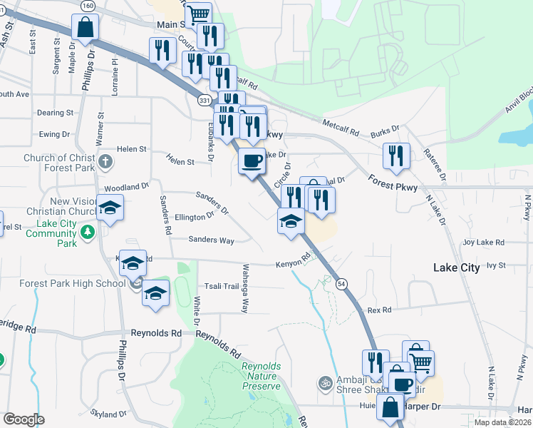 map of restaurants, bars, coffee shops, grocery stores, and more near 5368 Orchard Place in Morrow