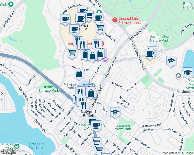 map of restaurants, bars, coffee shops, grocery stores, and more near 100 Civic Center Drive in Newport Beach