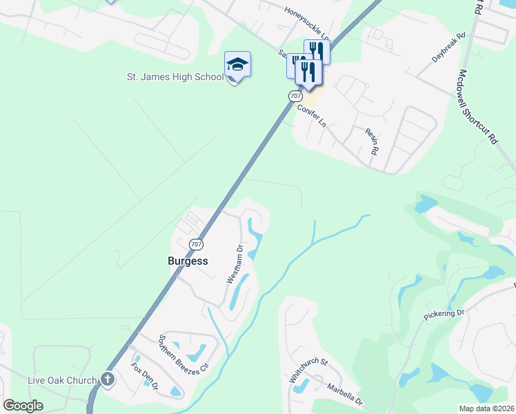 map of restaurants, bars, coffee shops, grocery stores, and more near 527 Westham Drive in Murrells Inlet