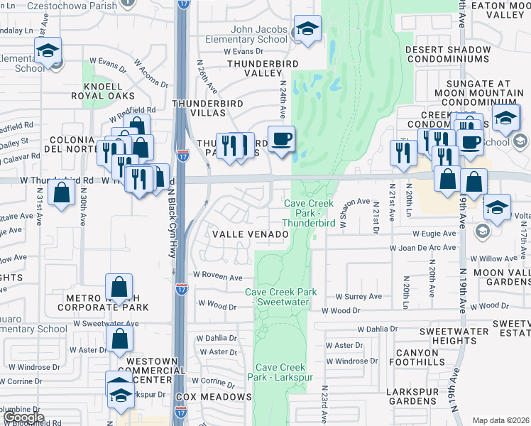 map of restaurants, bars, coffee shops, grocery stores, and more near 2426 West Eugie Avenue in Phoenix