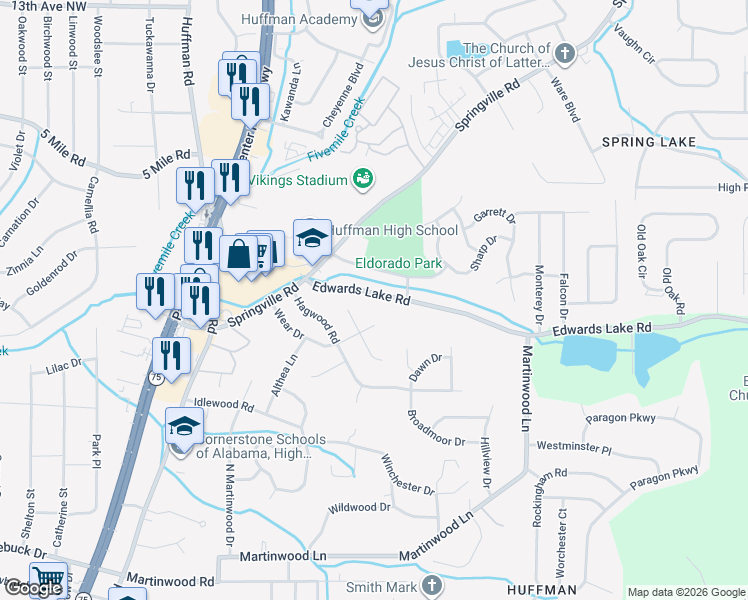 map of restaurants, bars, coffee shops, grocery stores, and more near 933 Edwards Lake Road in Birmingham