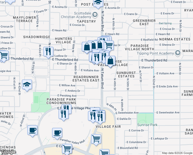 map of restaurants, bars, coffee shops, grocery stores, and more near 4656 East Emile Zola Avenue in Phoenix