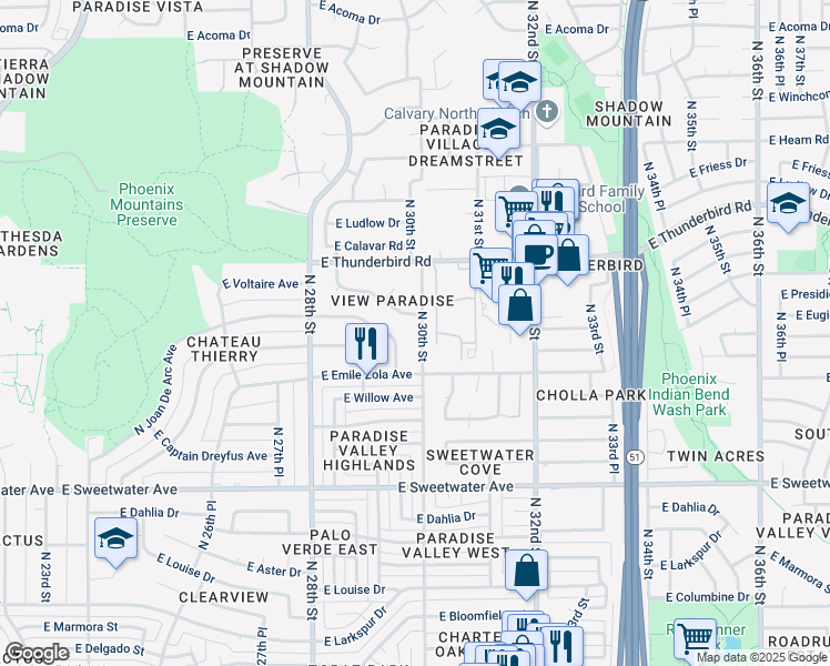 map of restaurants, bars, coffee shops, grocery stores, and more near 13429 North 29th Place in Phoenix