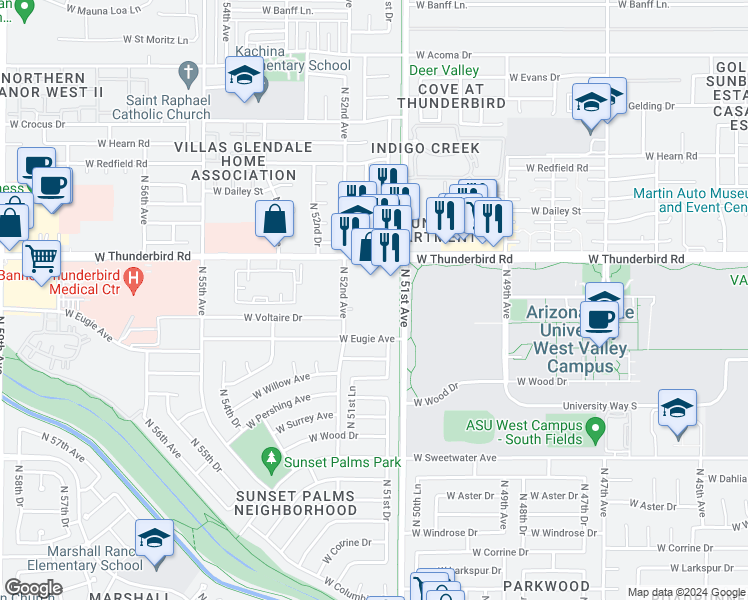map of restaurants, bars, coffee shops, grocery stores, and more near 13610 North 51st Avenue in Glendale
