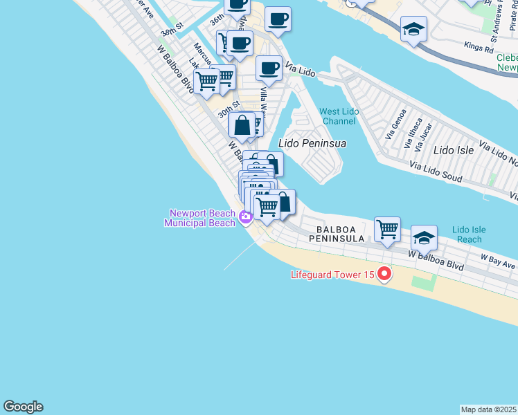 map of restaurants, bars, coffee shops, grocery stores, and more near 125 Mc Fadden Place in Newport Beach