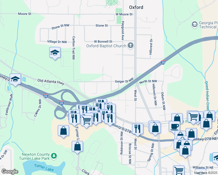 map of restaurants, bars, coffee shops, grocery stores, and more near 6205 Hudson Street Northwest in Covington
