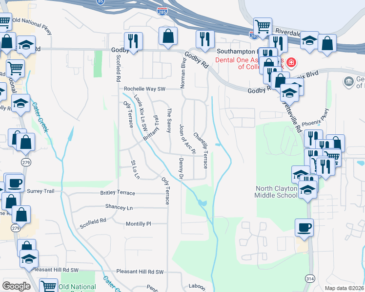 map of restaurants, bars, coffee shops, grocery stores, and more near 5295 Joan of Arc Place in Atlanta