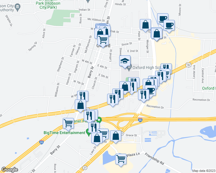 map of restaurants, bars, coffee shops, grocery stores, and more near 1102 Luttrell Street in Oxford