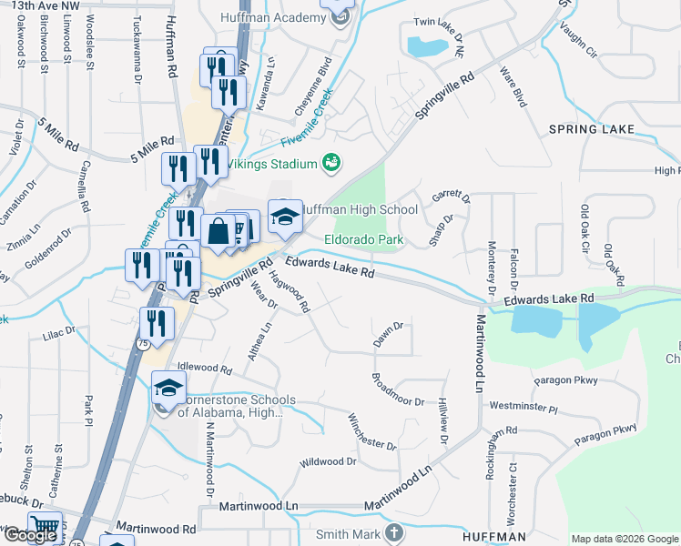 map of restaurants, bars, coffee shops, grocery stores, and more near 933 Edwards Lake Road in Birmingham