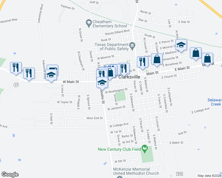 map of restaurants, bars, coffee shops, grocery stores, and more near 800 West Washington Street in Clarksville