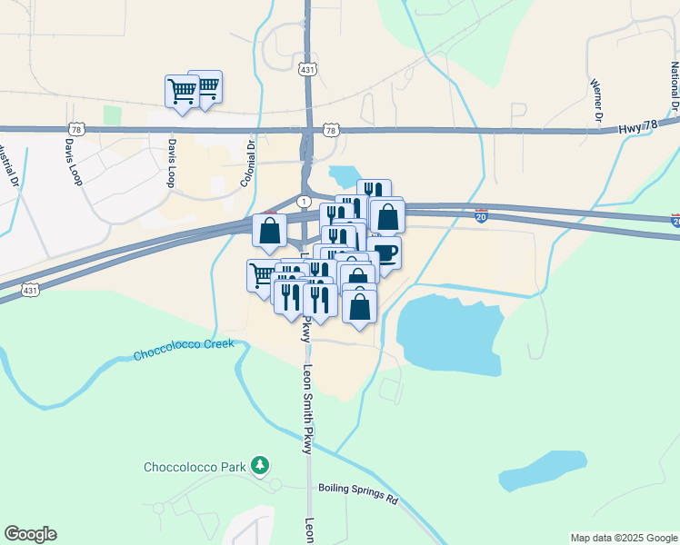 map of restaurants, bars, coffee shops, grocery stores, and more near 70-1600 Oxford Exchange Boulevard in Oxford