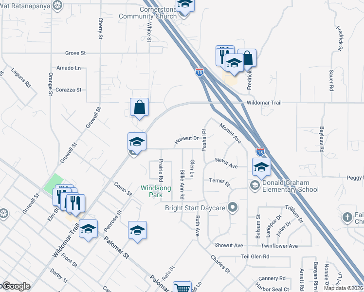 map of restaurants, bars, coffee shops, grocery stores, and more near 22638 Cervera Road in Wildomar