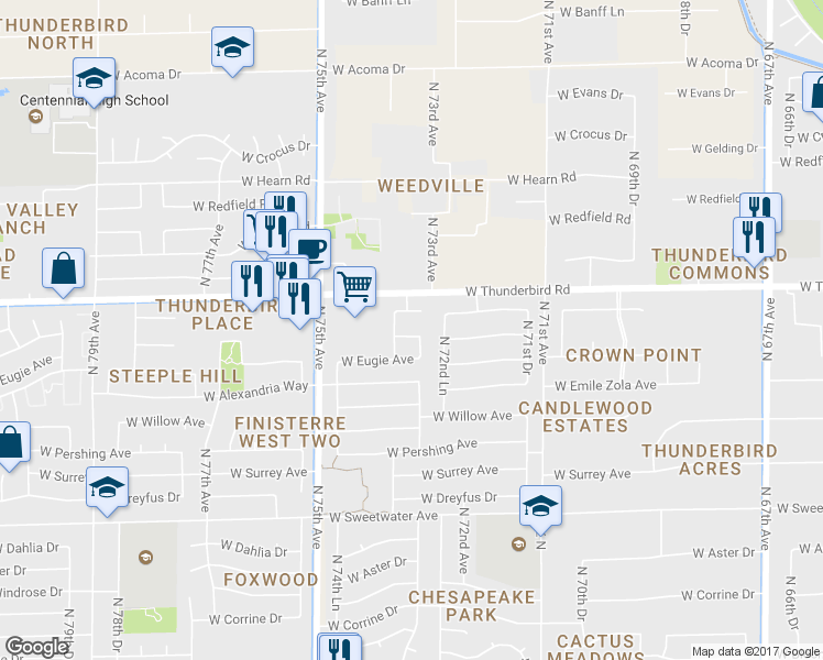 map of restaurants, bars, coffee shops, grocery stores, and more near 7312 West Rue De Lamour in Peoria