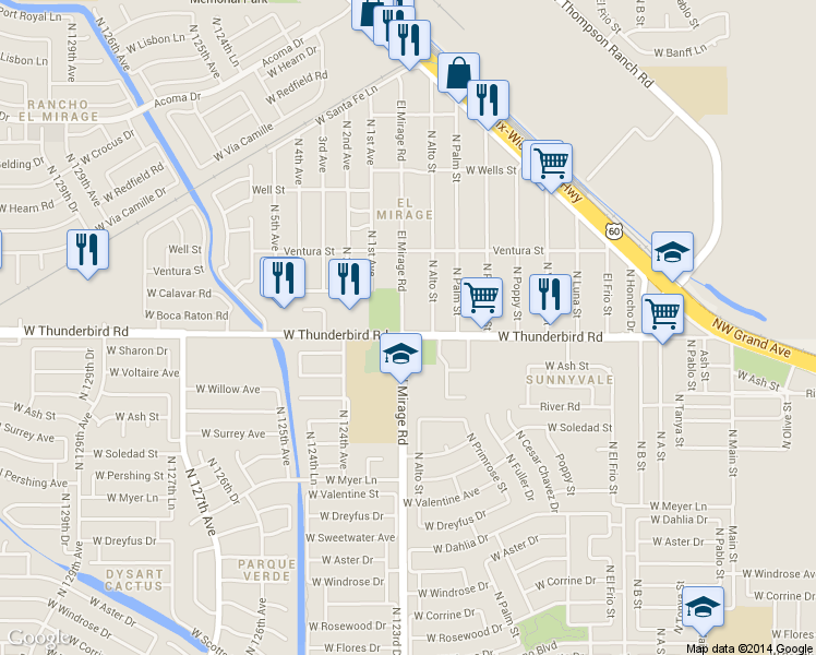 map of restaurants, bars, coffee shops, grocery stores, and more near 12232 West Thunderbird Road in El Mirage