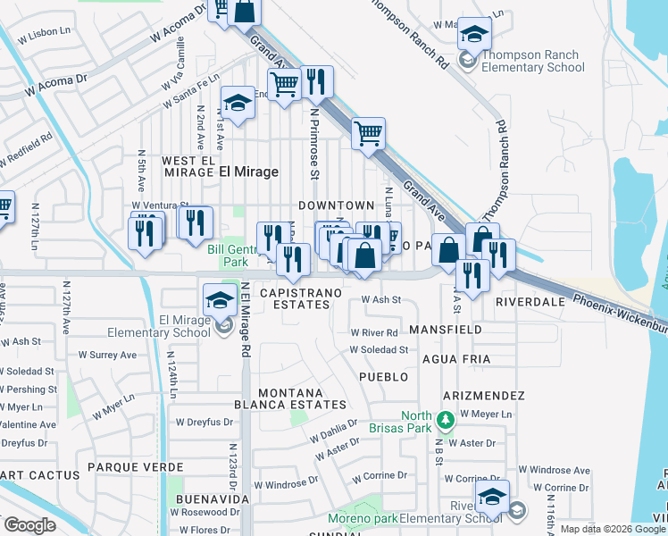 map of restaurants, bars, coffee shops, grocery stores, and more near 12030 West Thunderbird Road in El Mirage