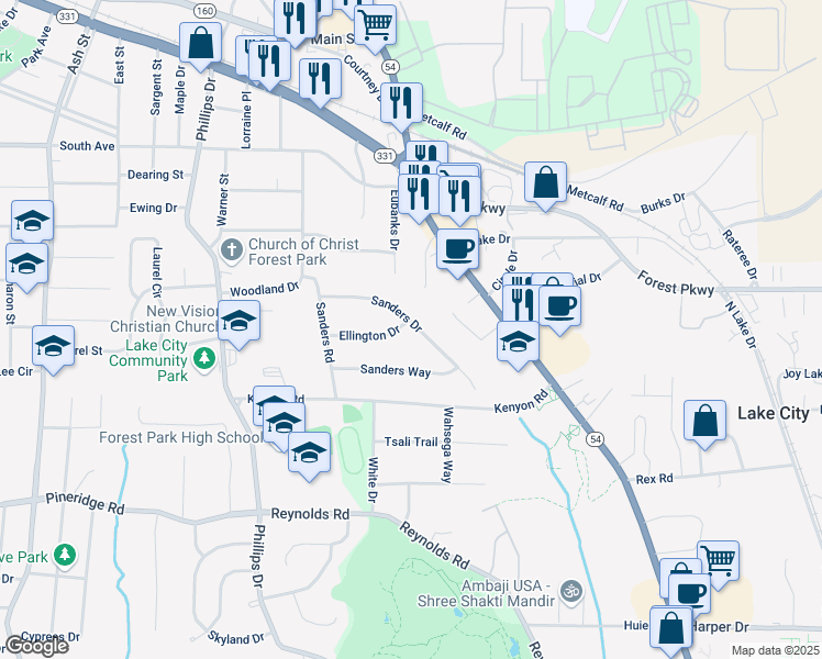 map of restaurants, bars, coffee shops, grocery stores, and more near 1247 Sanders Drive in Lake City