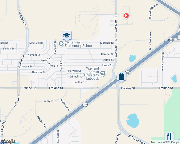 map of restaurants, bars, coffee shops, grocery stores, and more near 4607 Harvard Street in Lubbock