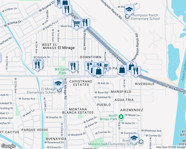 map of restaurants, bars, coffee shops, grocery stores, and more near 12030 West Thunderbird Road in El Mirage
