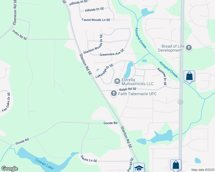 map of restaurants, bars, coffee shops, grocery stores, and more near 624 Ralph Road Southeast in Conyers