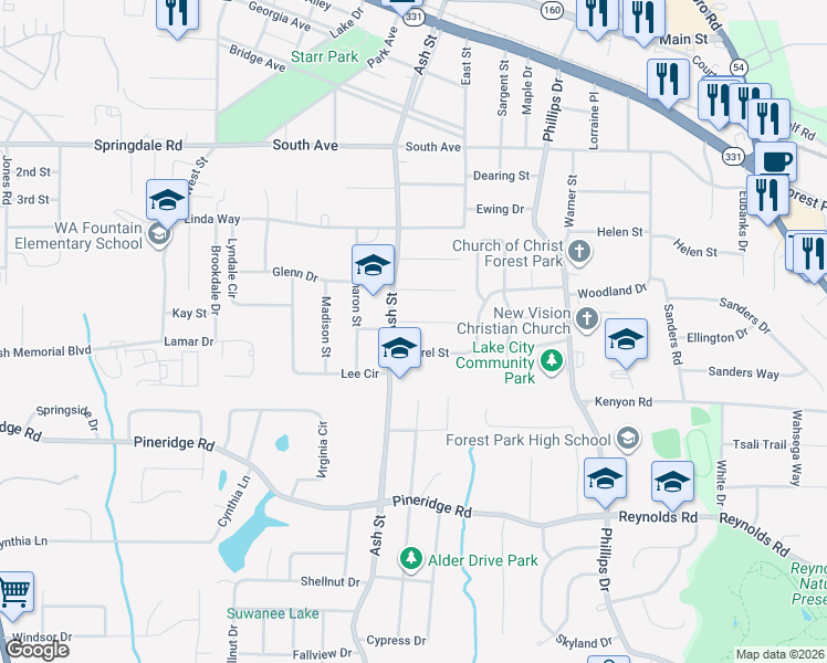map of restaurants, bars, coffee shops, grocery stores, and more near 830 Laurel Street in Forest Park