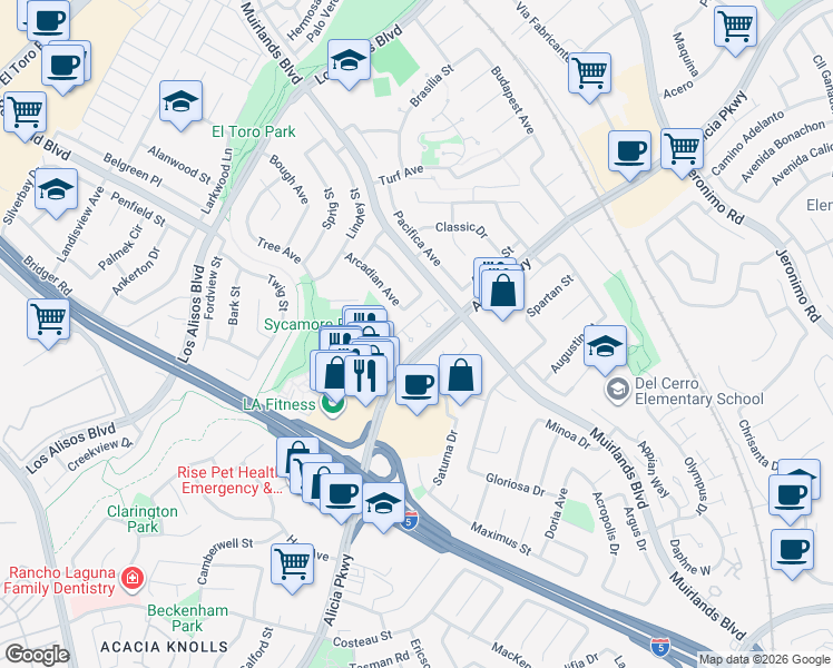 map of restaurants, bars, coffee shops, grocery stores, and more near 25321 Cassandra Court in Mission Viejo