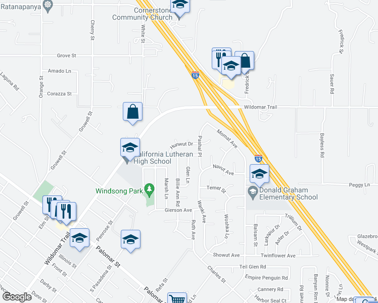 map of restaurants, bars, coffee shops, grocery stores, and more near 22704 Cervera Road in Wildomar