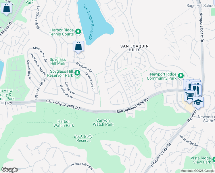 map of restaurants, bars, coffee shops, grocery stores, and more near 19 Whitesands Drive in Newport Beach