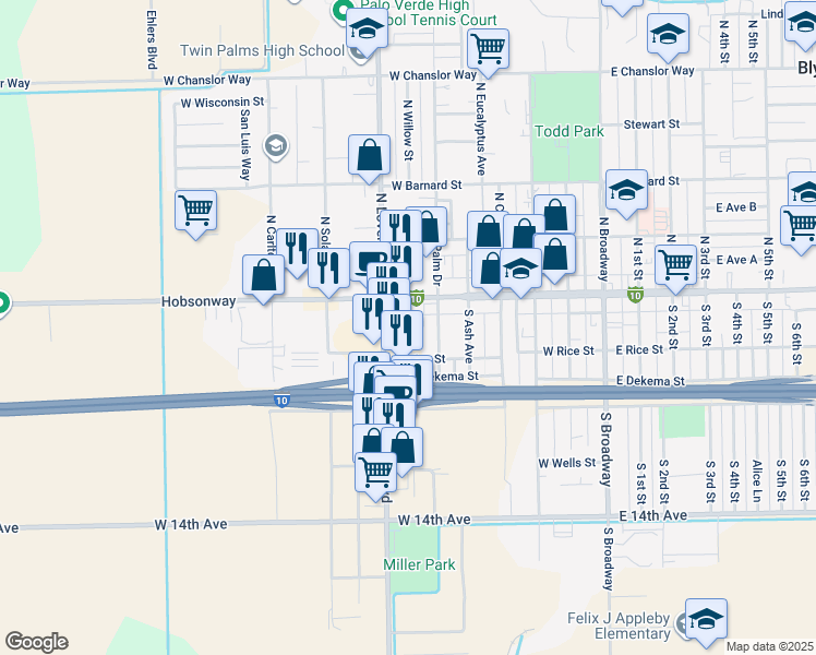 map of restaurants, bars, coffee shops, grocery stores, and more near 141 South Willow Avenue in Blythe