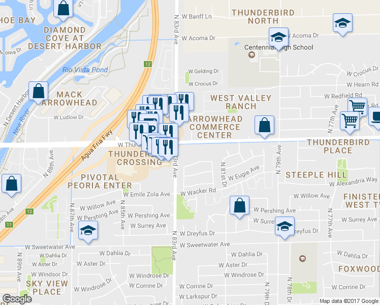 map of restaurants, bars, coffee shops, grocery stores, and more near 8253 West Thunderbird Road in Peoria