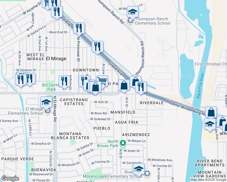 map of restaurants, bars, coffee shops, grocery stores, and more near 11916 West Thunderbird Road in El Mirage