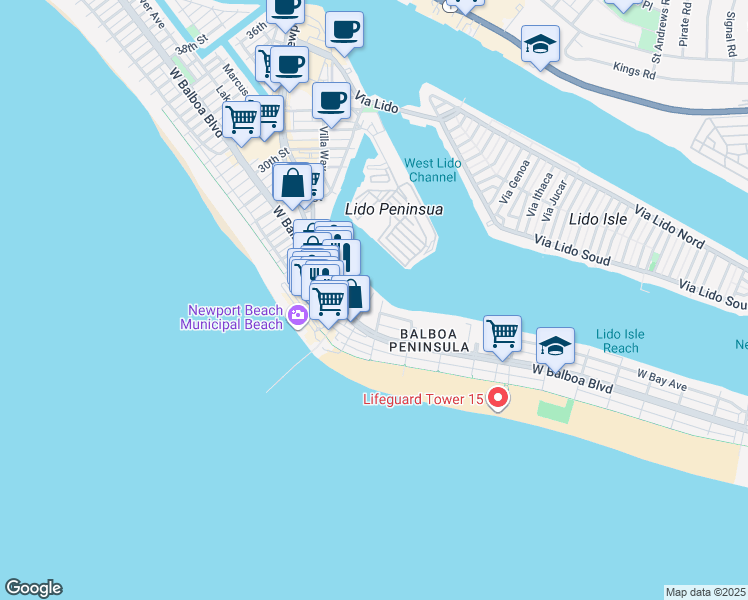 map of restaurants, bars, coffee shops, grocery stores, and more near in Newport Beach