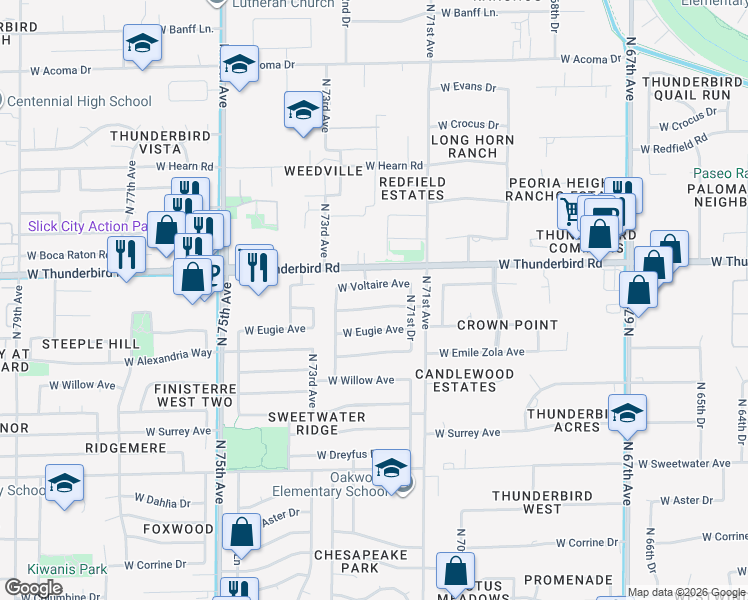 map of restaurants, bars, coffee shops, grocery stores, and more near 7170 West Rue De Lamour in Peoria